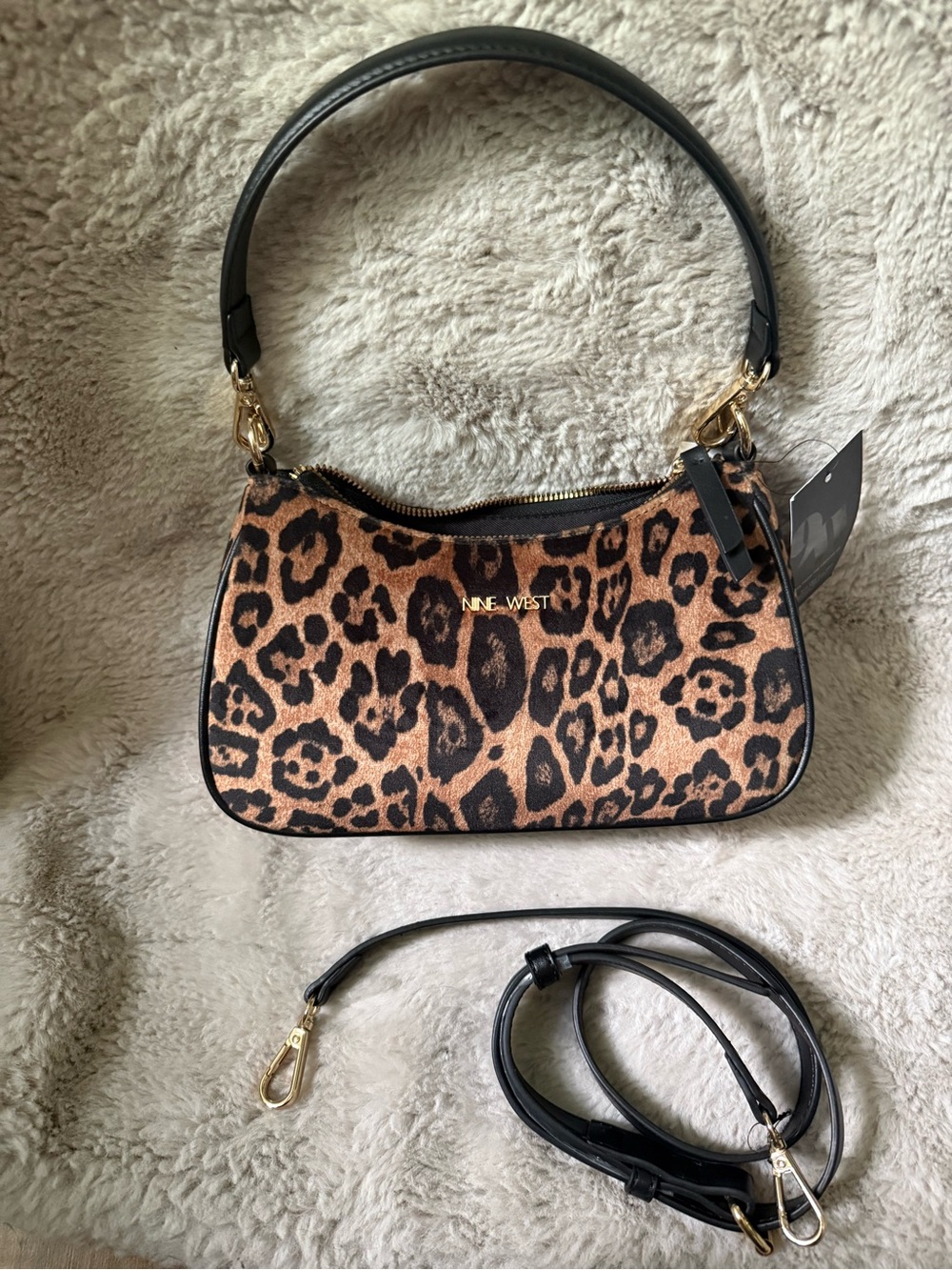 Nine West Leopard Print Shoulder Bag in Brown and Black with Gold Hardware